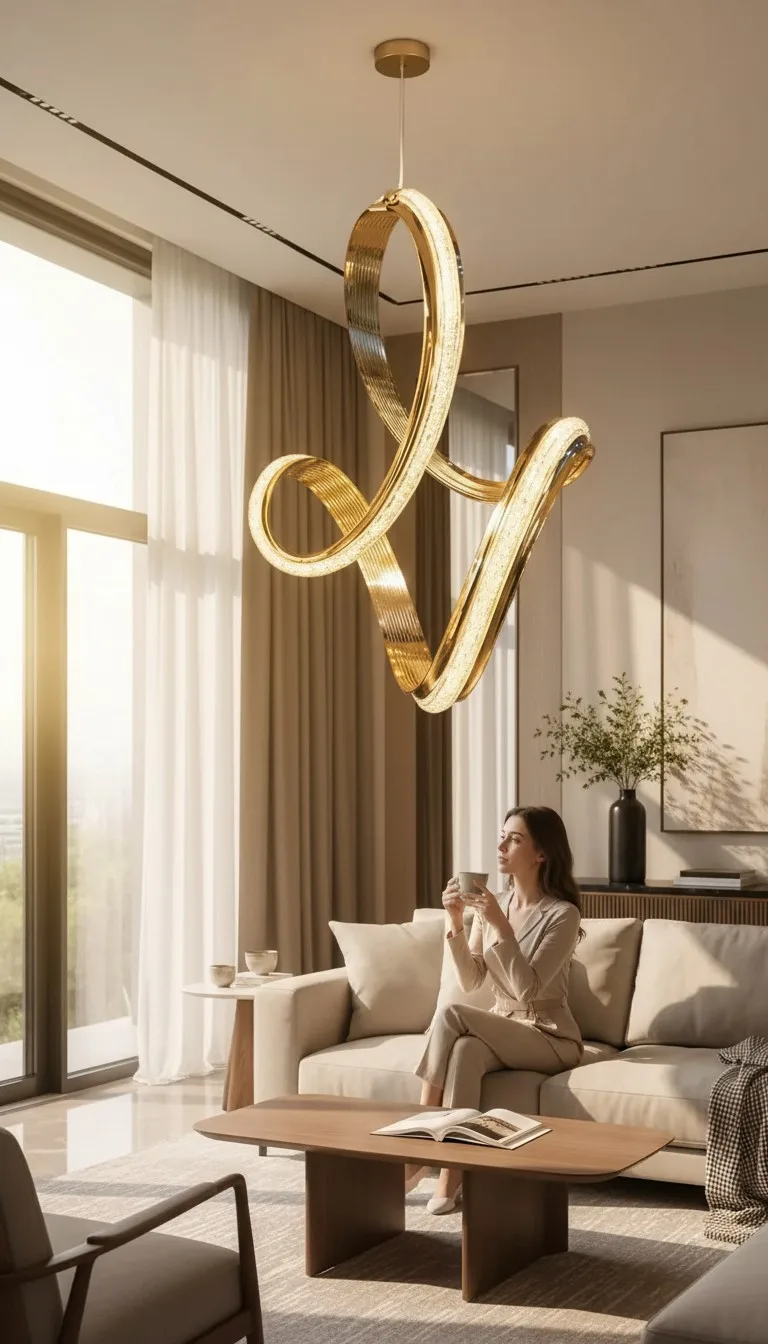 Adelina Avize Kıvrımlı Kurdele Formlu Gold Elite Sarkıt LED Avize