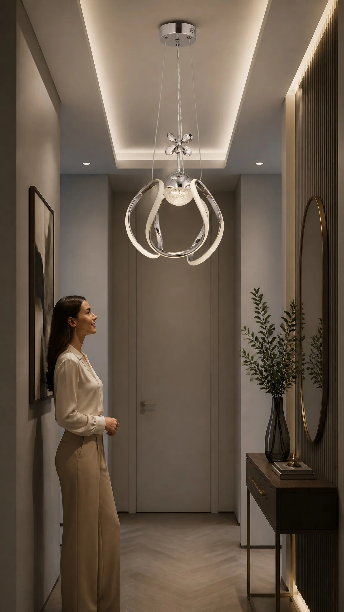 Spiral Kıvrımlı Krom Sarkıt Tekli LED Avize